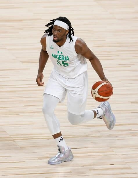 Precious Achiuwa of Nigeria brings the ball up the court against Argentina during an exhibition game at Michelob ULTRA Arena ahead of the Tokyo...