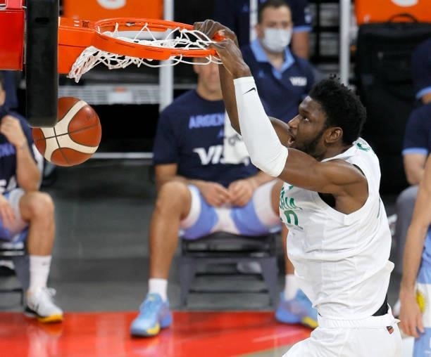 Chimezie Metu of Nigeria dunks against Argentina during an exhibition game at Michelob ULTRA Arena ahead of the Tokyo Olympic Games on July 12, 2021...