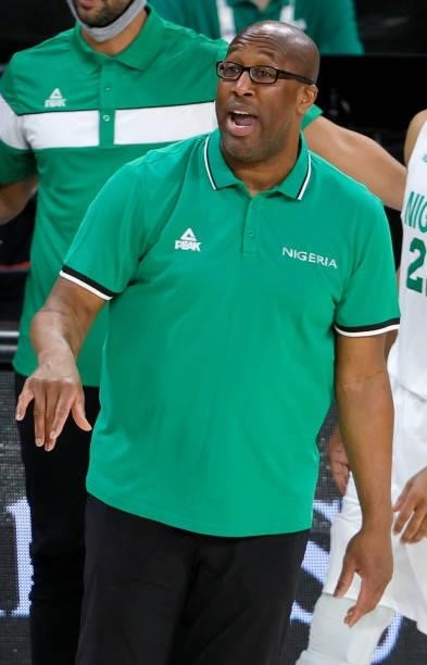 Head coach Mike Brown of Nigeria reacts during an exhibition game against Argentina at Michelob ULTRA Arena ahead of the Tokyo Olympic Games on July...