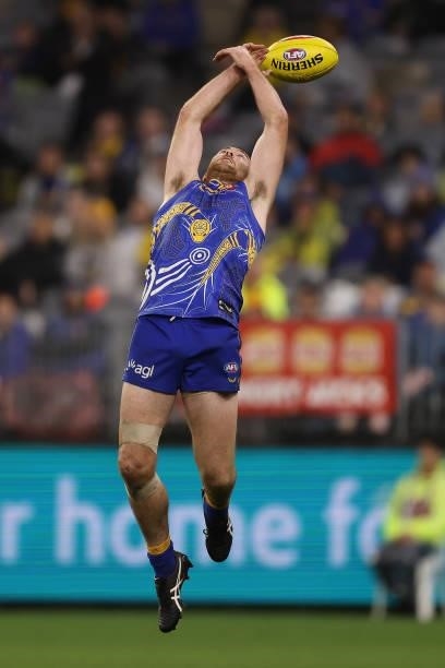 Jeremy McGovern of the Eagles spills a mark during the round 17 AFL match between the West Coast Eagles and North Melbourne Kangaroos at Optus...