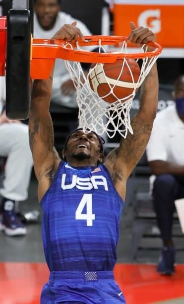 Bradley Beal of the United States dunks against the Australia Boomers during an exhibition game at Michelob Ultra Arena ahead of the Tokyo Olympic...