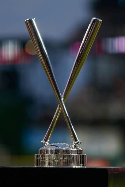 Detail view of the 2021 T-Mobile Home Run Derby trophy during the 2021 T-Mobile Home Run Derby at Coors Field on July 12, 2021 in Denver, Colorado.