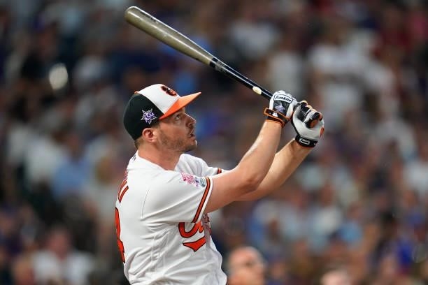Trey Manchini of the Baltimore Orioles bats in the 2021 T-Mobile Home Run Derby at Coors Field on July 12, 2021 in Denver, Colorado.