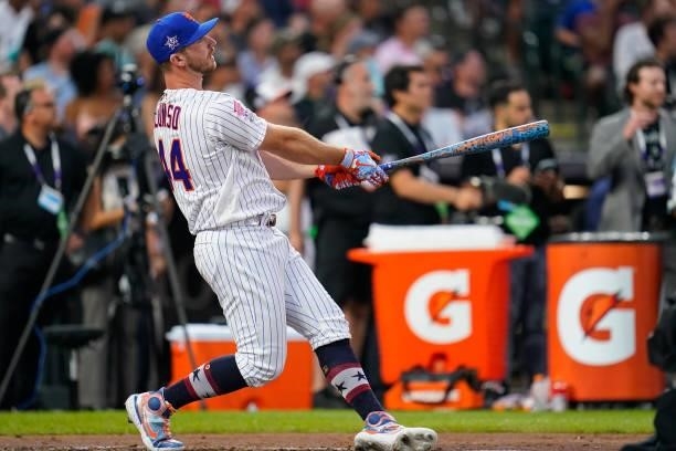 Pete Alonso of the New York Mets bats during the 2021 T-Mobile Home Run Derby at Coors Field on July 12, 2021 in Denver, Colorado.