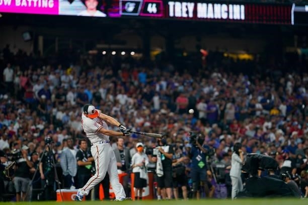Trey Manchini of the Baltimore Orioles bats in the 2021 T-Mobile Home Run Derby at Coors Field on July 12, 2021 in Denver, Colorado.