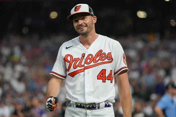 Trey Manchini of the Baltimore Orioles smiles during the 2021 T-Mobile Home Run Derby at Coors Field on July 12, 2021 in Denver, Colorado.