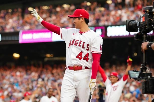 Shohei Ohtani of the Los Angeles Angels waves during the 2021 T-Mobile Home Run Derby at Coors Field on July 12, 2021 in Denver, Colorado.