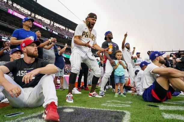 National League All-Star Fernando Tatis Jr. #23 of the San Diego Padres celebrates during the 2021 T-Mobile Home Run Derby at Coors Field on July 12,...