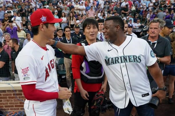 Ken Griffey Jr. Talks with Shohei Ohtani of the Los Angeles Angels during the 2021 T-Mobile Home Run Derby at Coors Field on July 12, 2021 in Denver,...