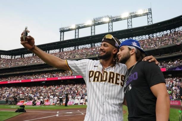 National League All-Star Fernando Tatis Jr. #23 of the San Diego Padres and American League All-Star Bo Bichette of the Toronto Blue Jays take a...