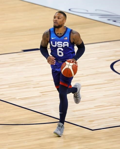 Damian Lillard of the United States brings the ball up the court against the the Australia Boomers during an exhibition game at Michelob Ultra Arena...
