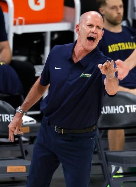 Head coach Brian Goorjian of the Australia Boomers yells to his players during an exhibition game against the United States at Michelob Ultra Arena...