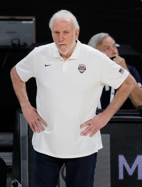 Head coach Gregg Popovich of the United States looks on during an exhibition game against the Australia Boomers at Michelob Ultra Arena ahead of the...