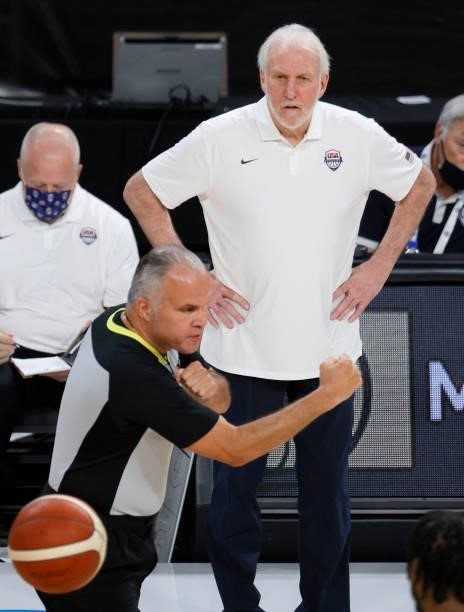Head coach Gregg Popovich of the United States looks on as an official calls a foul during an exhibition game against the Australia Boomers at...