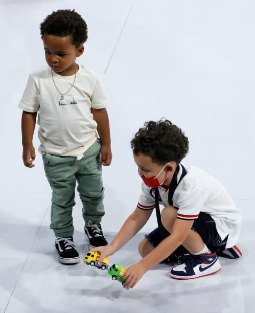 Braylon Beal , son of Bradley Beal of the United States, and Jayson Tatum Jr., son of Jayson Tatum of the United States, play with toy vehicles...