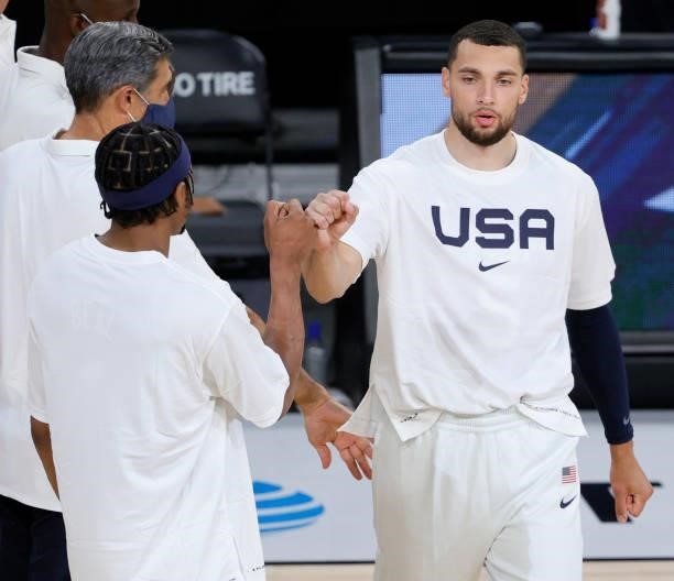 Zach LaVine of the United States is introduced before an exhibition game against the Australia Boomers at Michelob Ultra Arena ahead of the Tokyo...