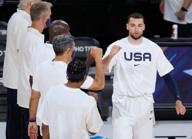 Zach LaVine of the United States is introduced before an exhibition game against the Australia Boomers at Michelob Ultra Arena ahead of the Tokyo...