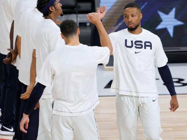 Damian Lillard of the United States is introduced before an exhibition game against the Australia Boomers at Michelob Ultra Arena ahead of the Tokyo...