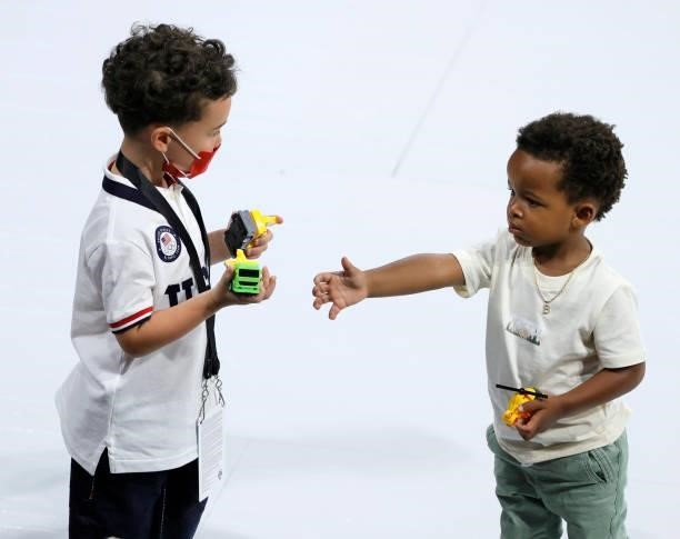 Jayson Tatum Jr. , son of Jayson Tatum of the United States and Braylon Beal, son of Bradley Beal of the United States, play with toy vehicles before...