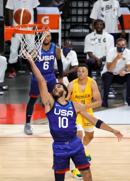 Jayson Tatum of the United States shoots a layup against the Australia Boomers during an exhibition game at Michelob Ultra Arena ahead of the Tokyo...