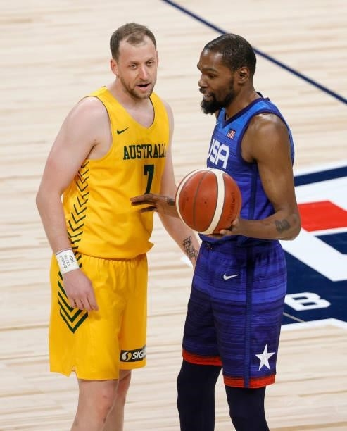 Joe Ingles of the Australia Boomers talks with Kevin Durant of the United States after Ingles fouled Durant during an exhibition game at Michelob...