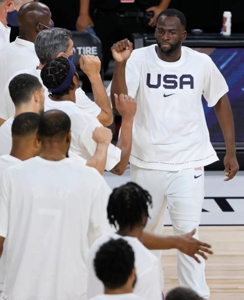 Draymond Green of the United States is introduced before an exhibition game against the Australia Boomers at Michelob Ultra Arena ahead of the Tokyo...