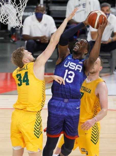 Bam Adebayo of the United States shoots against Jock Landale of the Australia Boomers during an exhibition game at Michelob Ultra Arena ahead of the...