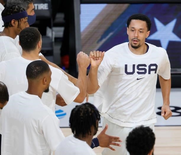 John Jenkins of the United States is introduced before an exhibition game against the Australia Boomers at Michelob Ultra Arena ahead of the Tokyo...