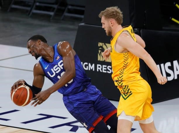 Jock Landale of the Australia Boomers guards Bam Adebayo of the United States during an exhibition game at Michelob Ultra Arena ahead of the Tokyo...