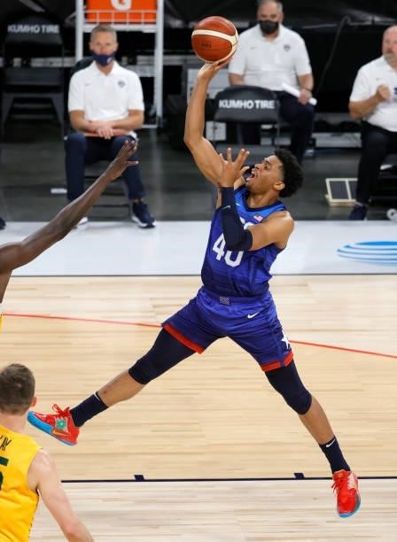 Keldon Johnson of the United States shoots against the Australia Boomers during an exhibition game at Michelob Ultra Arena ahead of the Tokyo Olympic...