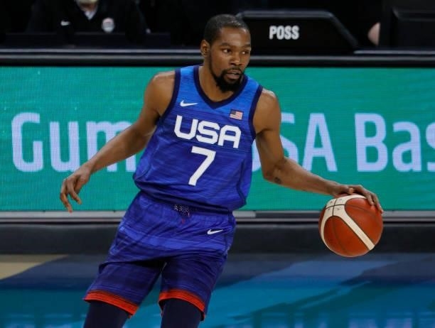 Kevin Durant of the United States brings the ball up the court against the the Australia Boomers during an exhibition game at Michelob Ultra Arena...