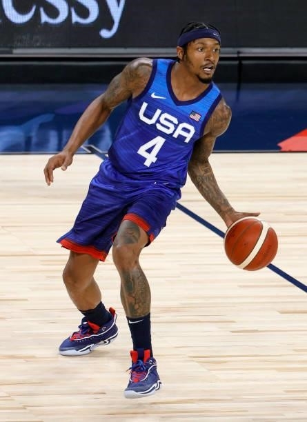 Bradley Beal of the United States passes against the Australia Boomers during an exhibition game at Michelob Ultra Arena ahead of the Tokyo Olympic...
