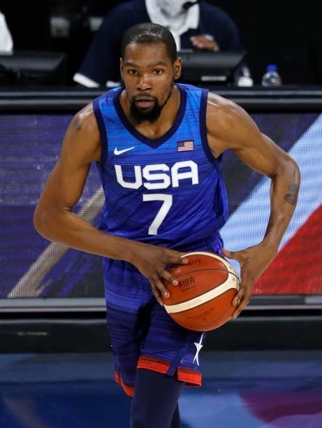 Kevin Durant of the United States passes against the Australia Boomers during an exhibition game at Michelob Ultra Arena ahead of the Tokyo Olympic...
