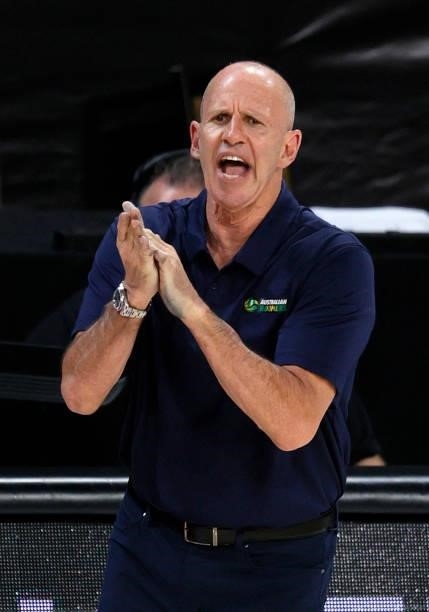 Head coach Brian Goorjian of the Australia Boomers yells to his players during an exhibition game against the United States at Michelob Ultra Arena...