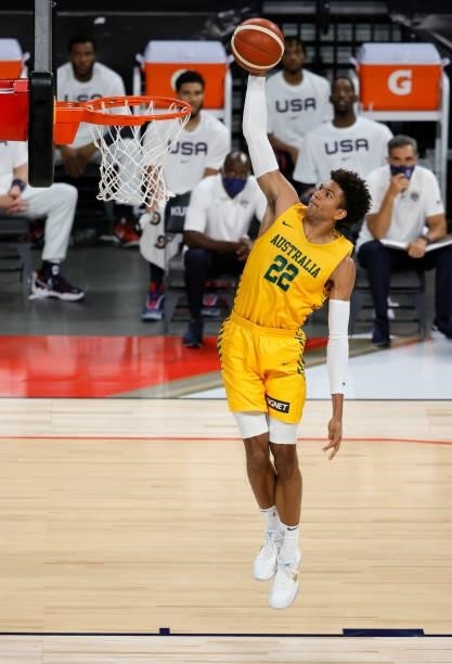 Matisse Thybulle of the Australia Boomers dunks against the United States during an exhibition game at Michelob Ultra Arena ahead of the Tokyo...