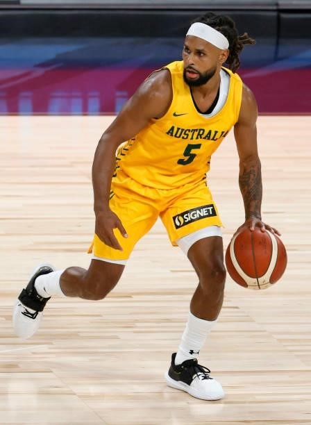 Patty Mills of the Australia Boomers brings the ball up the court against the United States during an exhibition game at Michelob Ultra Arena ahead...