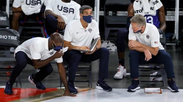 Assistant coaches Lloyd Pierce, Jay Wright and Steve Kerr of the United States talk on the bench during an exhibition game against the Australia...