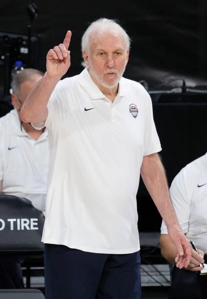 Head coach Gregg Popovich of the United States gestures during an exhibition game against the Australia Boomers at Michelob Ultra Arena ahead of the...