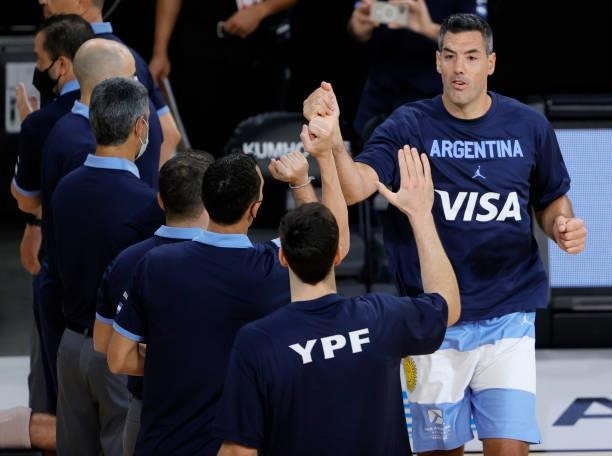 Luis Scola of Argentina is introduced before an exhibition game against Nigeria at Michelob ULTRA Arena ahead of the Tokyo Olympic Games on July 12,...