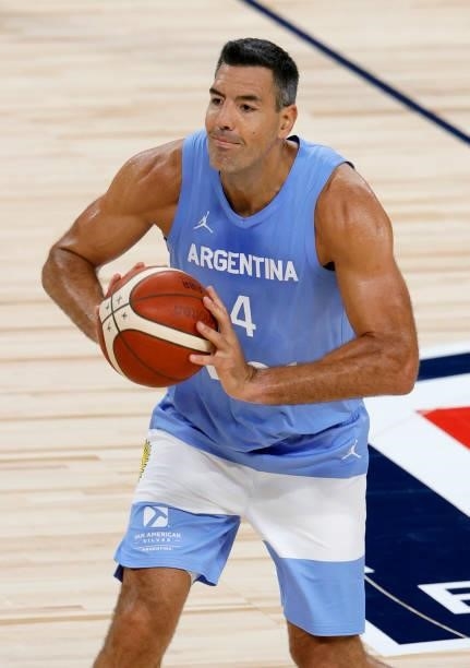 Luis Scola of Argentina passes against Nigeria during an exhibition game at Michelob ULTRA Arena ahead of the Tokyo Olympic Games on July 12, 2021 in...