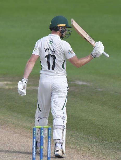 Jack Haynes of Worcestershire celebrates reaching his 50 during the LV = Insurance County Championship match between Worcestershire and Warwickshire...