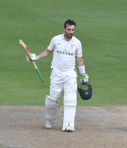 Daryl Mitchell of Worcestershire celebrates reaching his 100 during the LV = Insurance County Championship match between Worcestershire and...