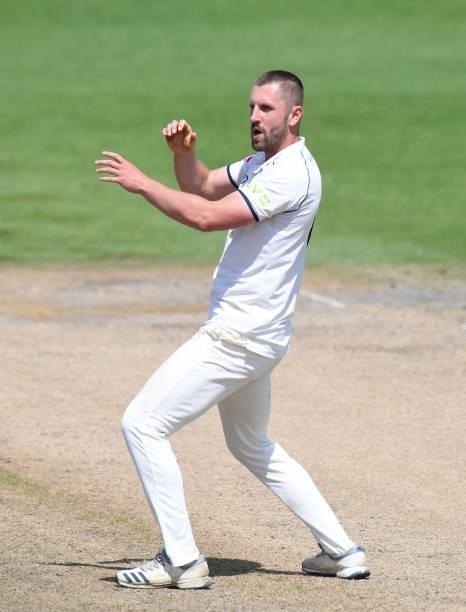 Matthew Lamb of Warwickshire celebrates taking the wicket of Jack Haynes of Worcestershire during the LV = Insurance County Championship match...
