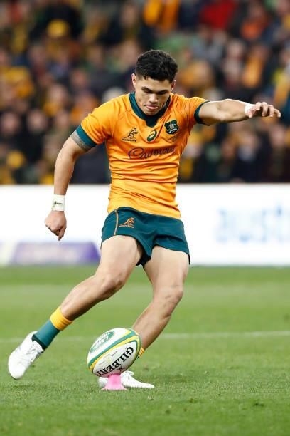 Noah Lolesio of the Wallabies takes a penalty kick during the International Test match between the Australian Wallabies and France at AAMI Park on...