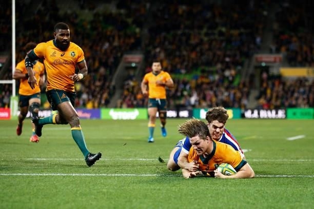 Michael Hooper of the Wallabies scores a try during the International Test match between the Australian Wallabies and France at AAMI Park on July 13,...
