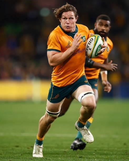 Michael Hooper of the Wallabies runs in to score a try during the International Test match between the Australian Wallabies and France at AAMI Park...