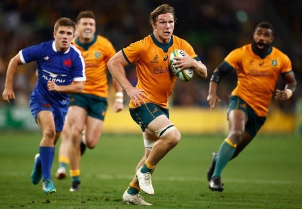 Michael Hooper of the Wallabies runs in to score a try during the International Test match between the Australian Wallabies and France at AAMI Park...