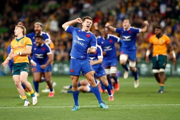 Louis Carbonel of France celebrates his teams win during the International Test match between the Australian Wallabies and France at AAMI Park on...