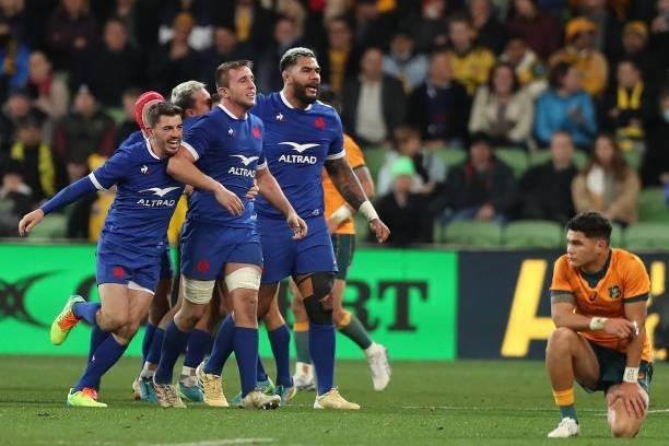 France celebrate victory in the International Test match between the Australian Wallabies and France at AAMI Park on July 13, 2021 in Melbourne,...