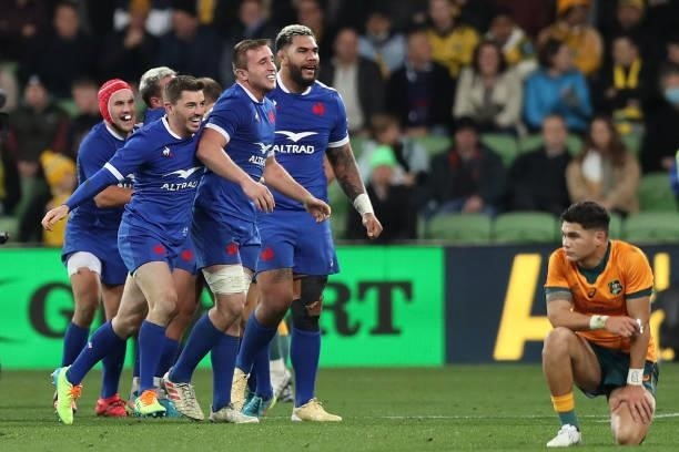France celebrate victory in the International Test match between the Australian Wallabies and France at AAMI Park on July 13, 2021 in Melbourne,...